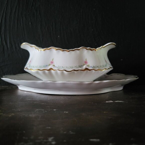 Pope Gosser Gravy Boat w/ Attached Underplate Gold Trim Pink Flower Green Swag - Picture 7 of 12